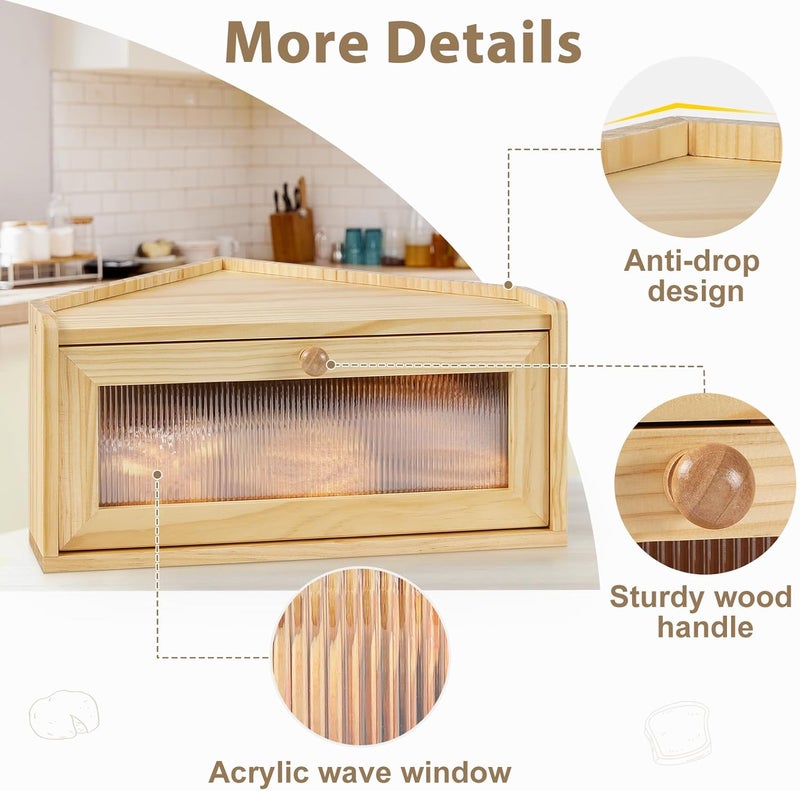 Sunhoo Bread Box for Kitchen Countertop Wooden Corner Breadbox Counter Food Storage Bin Container Farmhouse Rustic Homemade Bread Fresh Keeper Organizer Holder Vintage Stackable with Window (Yellow) - Image 3